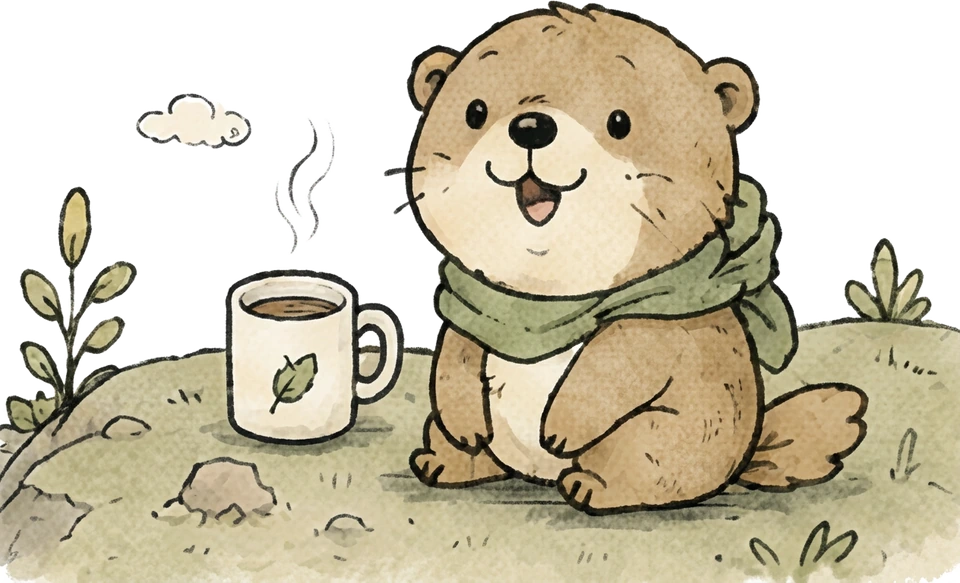 Noisette, la petite loutre à l’écharpe verte, fait une pause avec sa tasse.